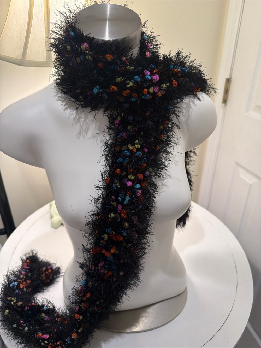 Fuzzy Black Eyelash Scarf with Multicolor Pom Accents - Women's Accessory Y2K